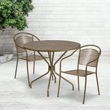 Emma + Oliver Commercial Grade 35.25 Round Gold Patio Table Set-2 Round Back Chairs