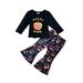 Toddler Kids Boys Girls Outfit Halloween Pumpkin Prints Long Sleeves Bowknot Tops Bell Bottom Pants 2pcs Set Outfits For 3-4 Years