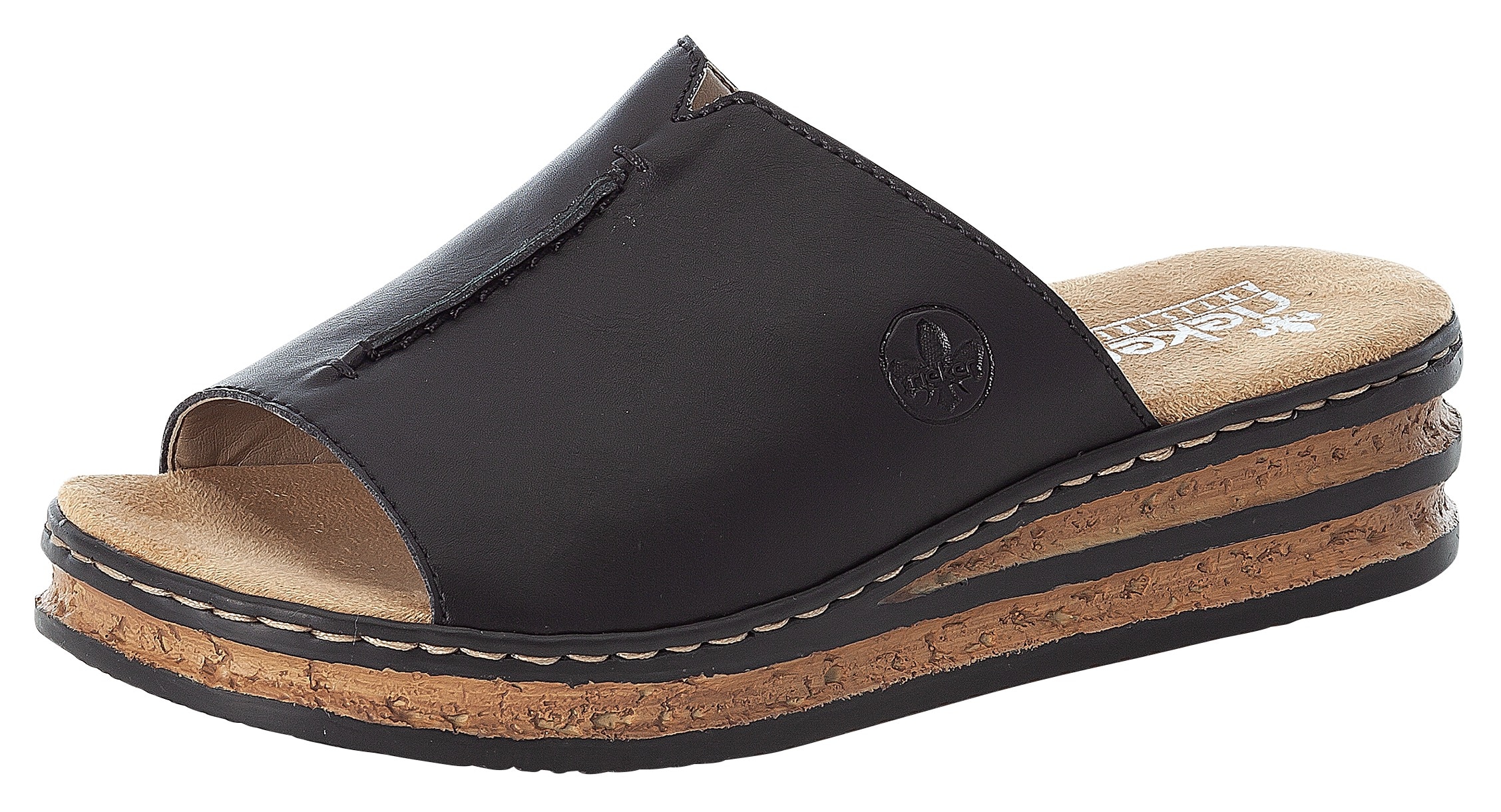 Pantolette RIEKER, Damen, Gr. 40, schwarz, Lederimitat, unifarben, Schuhe Pantolette, Plateau, Sommerschuh, Schlappen in klassischer Optik