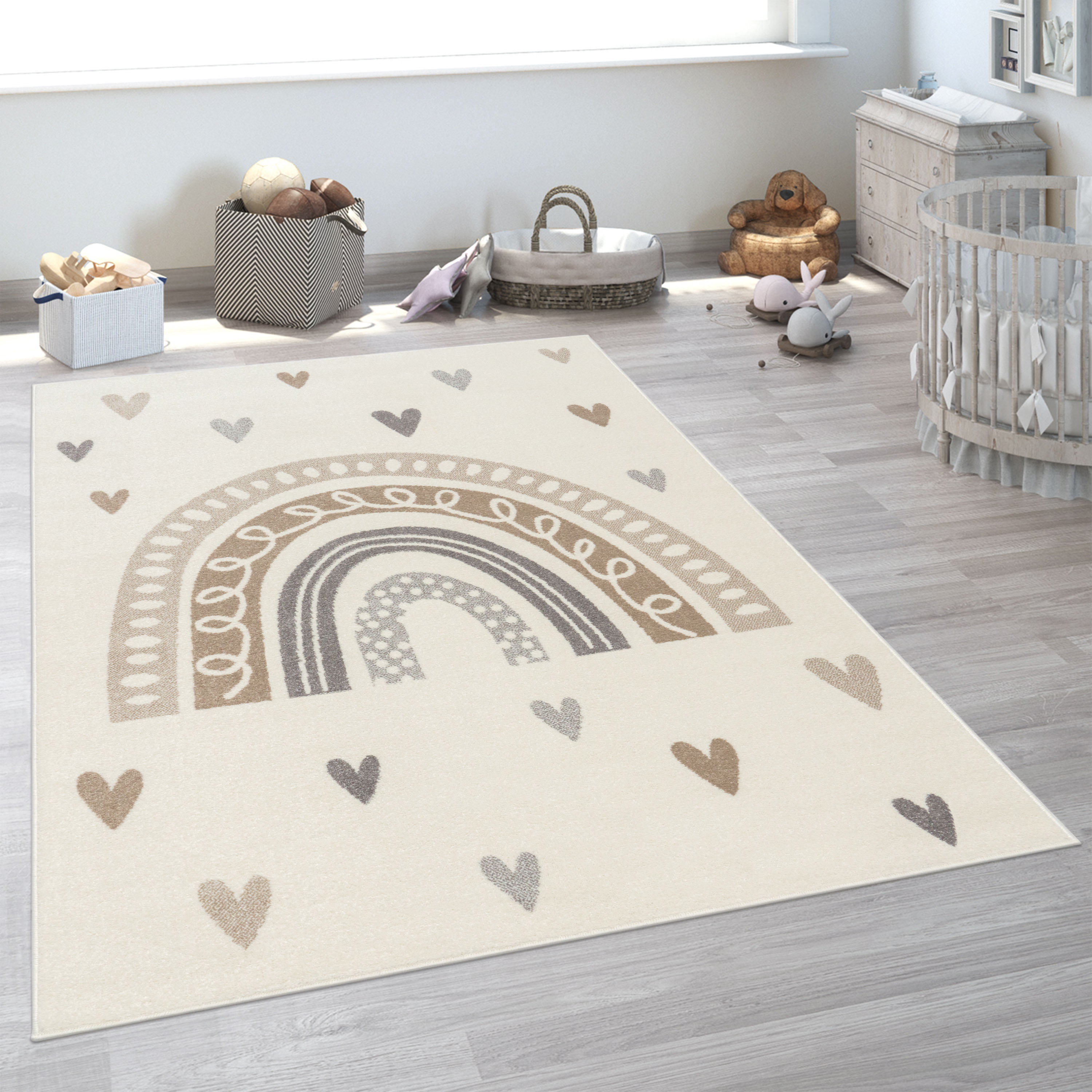 Kinderteppich PACO HOME "Nino 887", beige, B:133cm H:13mm L:190cm, Polypropylen, Teppiche, Kinderteppich, Kurzflor, Spielteppich, Motiv Regenbogen & Herzen, Kinderzimmer
