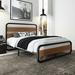 Full Size Metal Platform Bed Frame with Wooden Headboard, Walnut