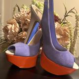 Jessica Simpson Shoes | Jessica Simpson Peep Toe 3-Tone Slingback Platform Heels | Color: Orange/White | Size: 7