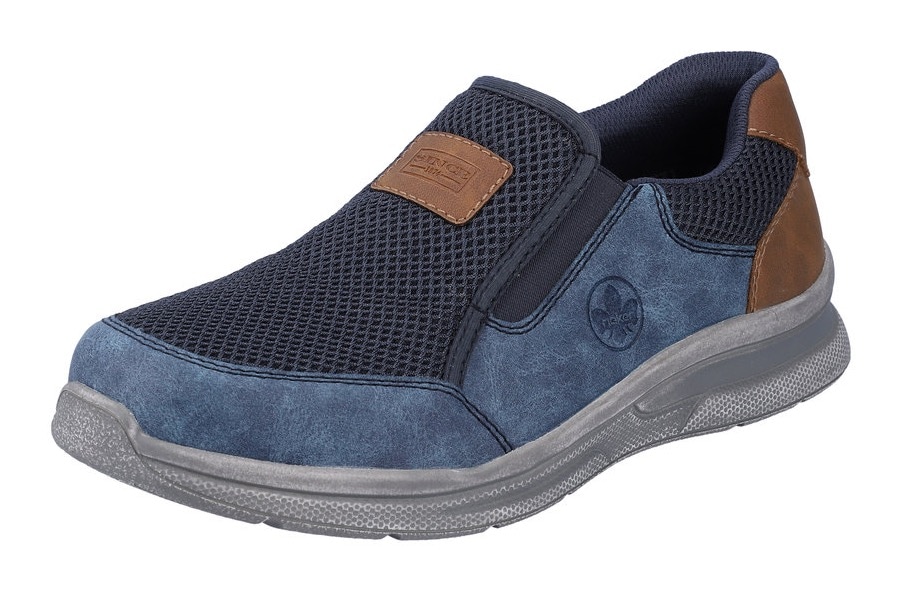 Slipper RIEKER, Herren, Gr. 43, blau (jeansblau, navy), Lederimitat, Textil, used, Schuhe Slipper, Schlupfschuh, Freizeitschuh mit seitlichen Stretcheinsätzen, G-Weite
