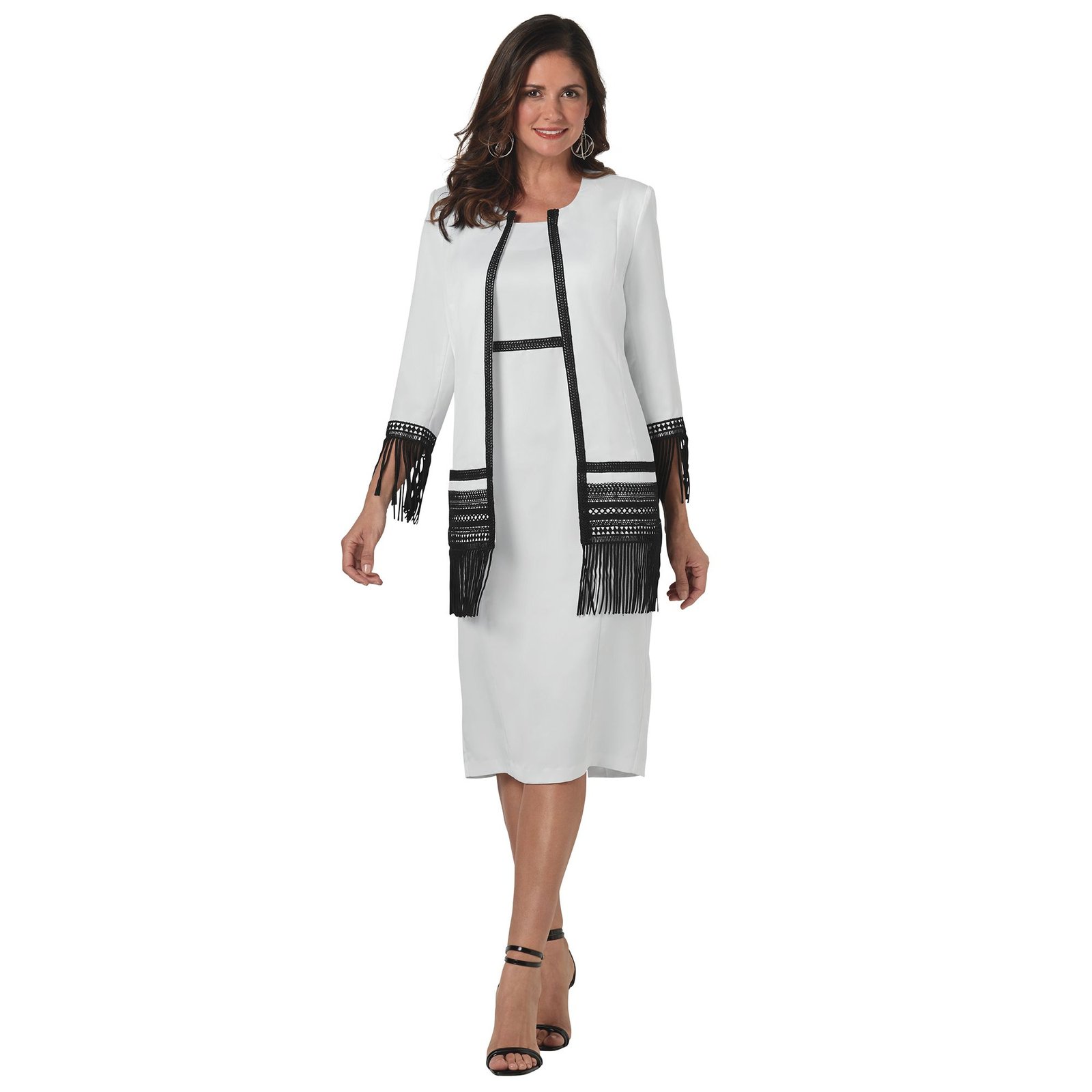 Masseys Fringe Embroidered Dress & Jacket Set (Size 8) White-Black, Polyester,Spandex