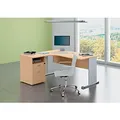 Pack Bureau d'angle compact retour à gauche Pronto Bois - L.160 x P.100 cm - Plateau Hêtre - Pieds Aluminium + Caisson hauteur bureau L.43 x P.60 cm