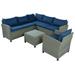 Han 5 Piece Outdoor Patio Sectional Sofa Set Gray Rattan Blue Cushions- Saltoro Sherpi