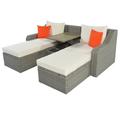 3 Piece Patio Sofa Lounger With Ottoman Built In Table White and Gray- Saltoro Sherpi