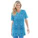 Plus Size Women's Print Notch-Neck Soft Knit Tunic by Roaman's in Ocean Bold Ikat (Size 4X) Short Sleeve T-Shirt