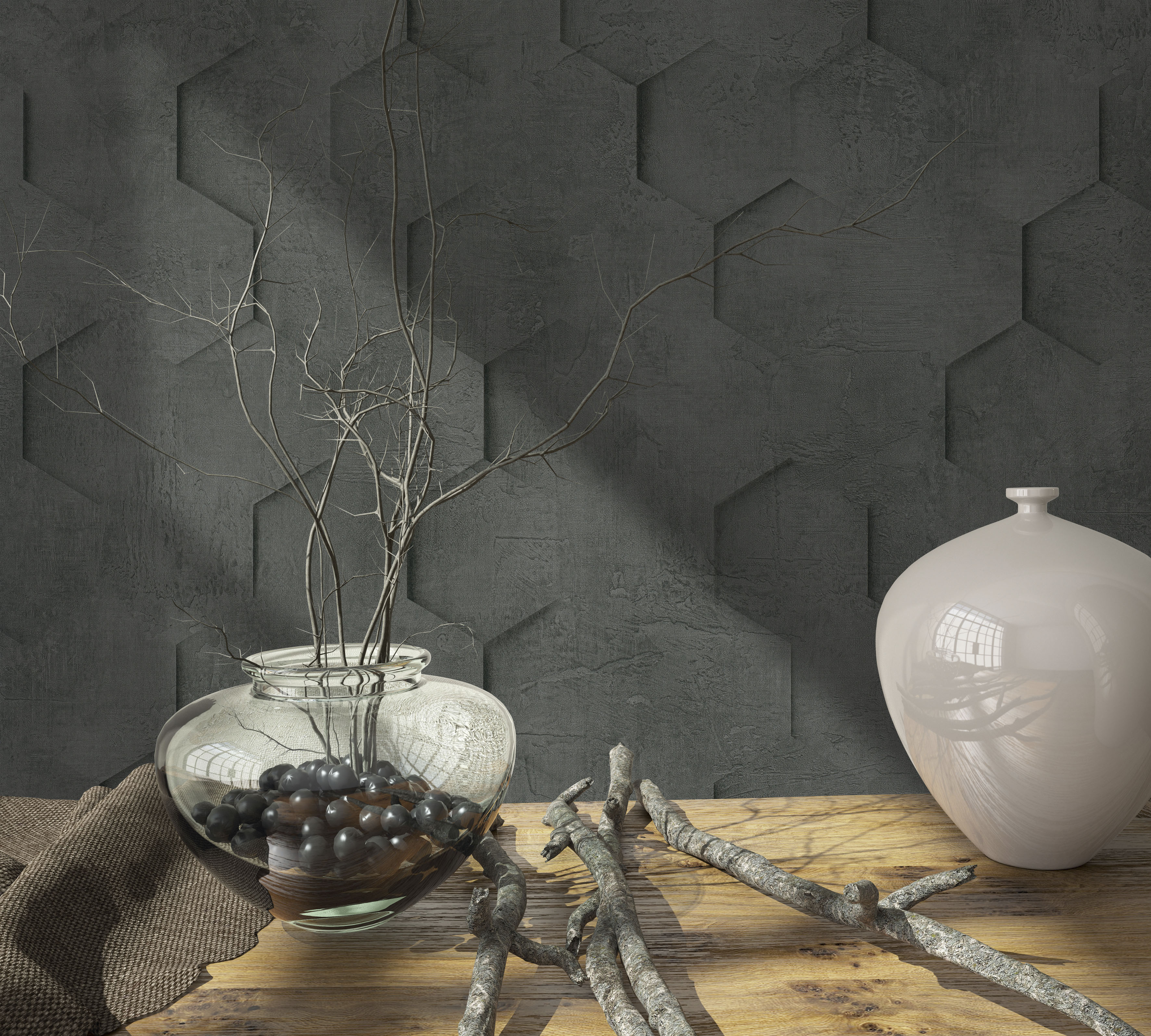 Vliestapete MARBURG "Hexagon", schwarz, B:0,53m L:10,05m, Vlies, Tapeten, moderne Tapete für Wohnzimmer Schlafzimmer Küche