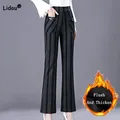 Pantalon élastique rayé à carreaux pour femmes en peluche épais Double poche Slim décontracté