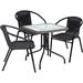 BTEXPERT Indoor Outdoor 28" Square Tempered Glass Metal Table Black Rattan Trim + 3 Black Restaurant Rattan Stack Chairs