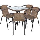 BTEXPERT Indoor Outdoor 28" Square Tempered Glass Metal Table Brown Rattan Trim + 4 Brown Restaurant Rattan Stack Chairs