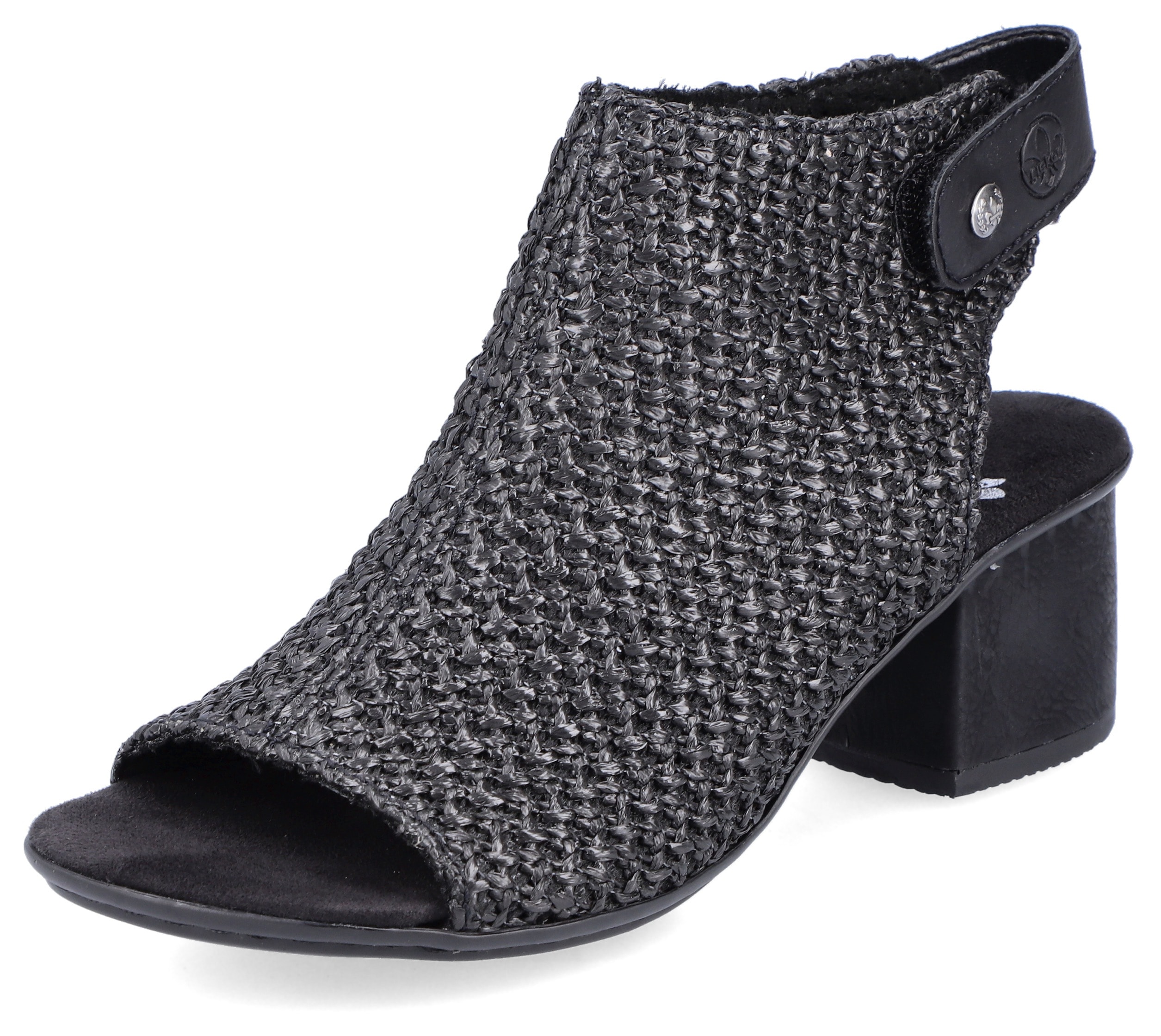 Sandalette RIEKER, Damen, Gr. 36, schwarz (schwarz, schwarz), Textil, Schuhe Schaftsandale Sandalette, Sommerschuh, Sandalette, Blockabsatz, in modischer Flecht-Optik