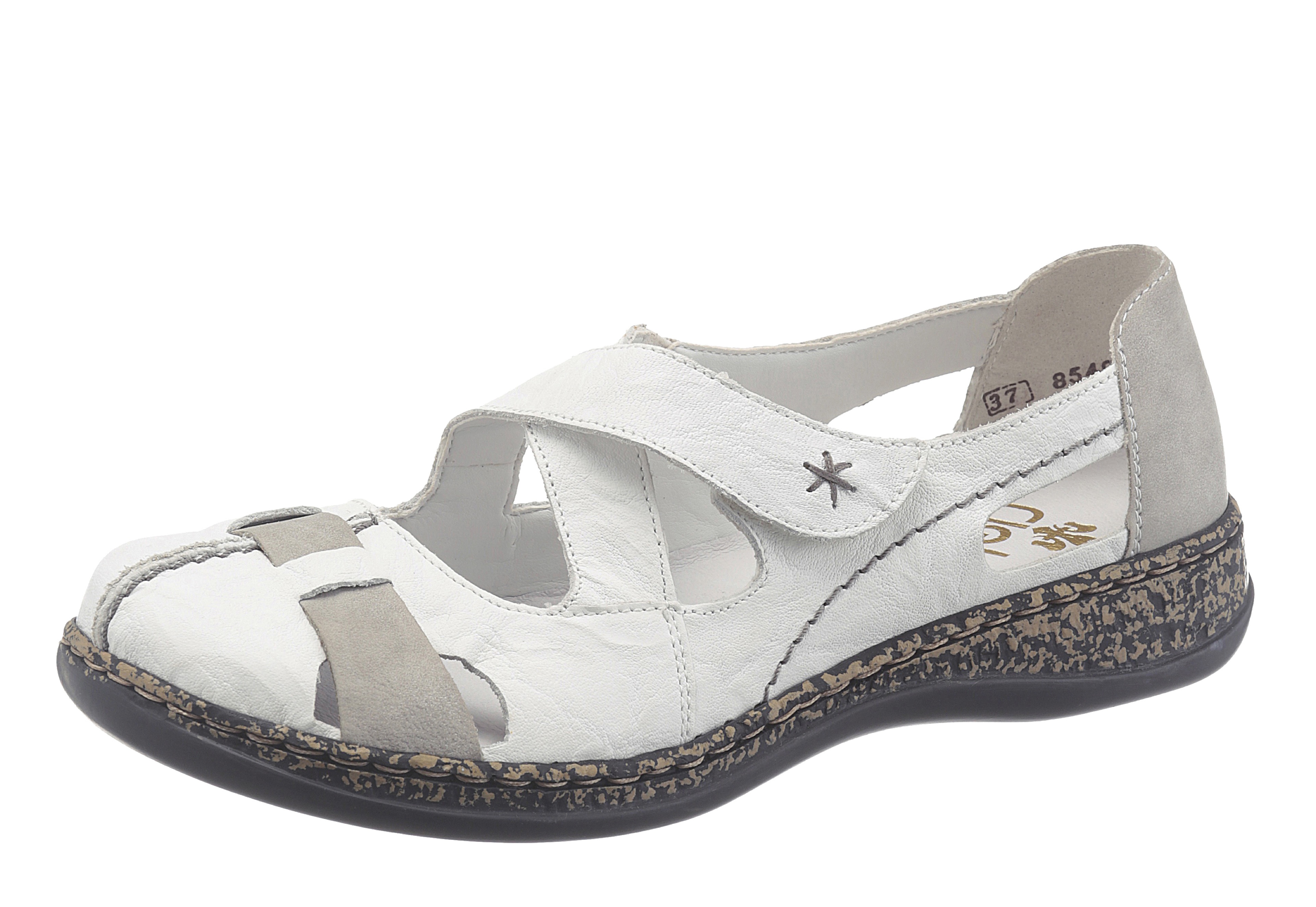 Slipper RIEKER, Damen, Gr. 39, grau (weiß, grau), Leder, Schuhe Slipper, Spangenschuh, Schlupfschuh, Komfortschuh mit Klettverschluss