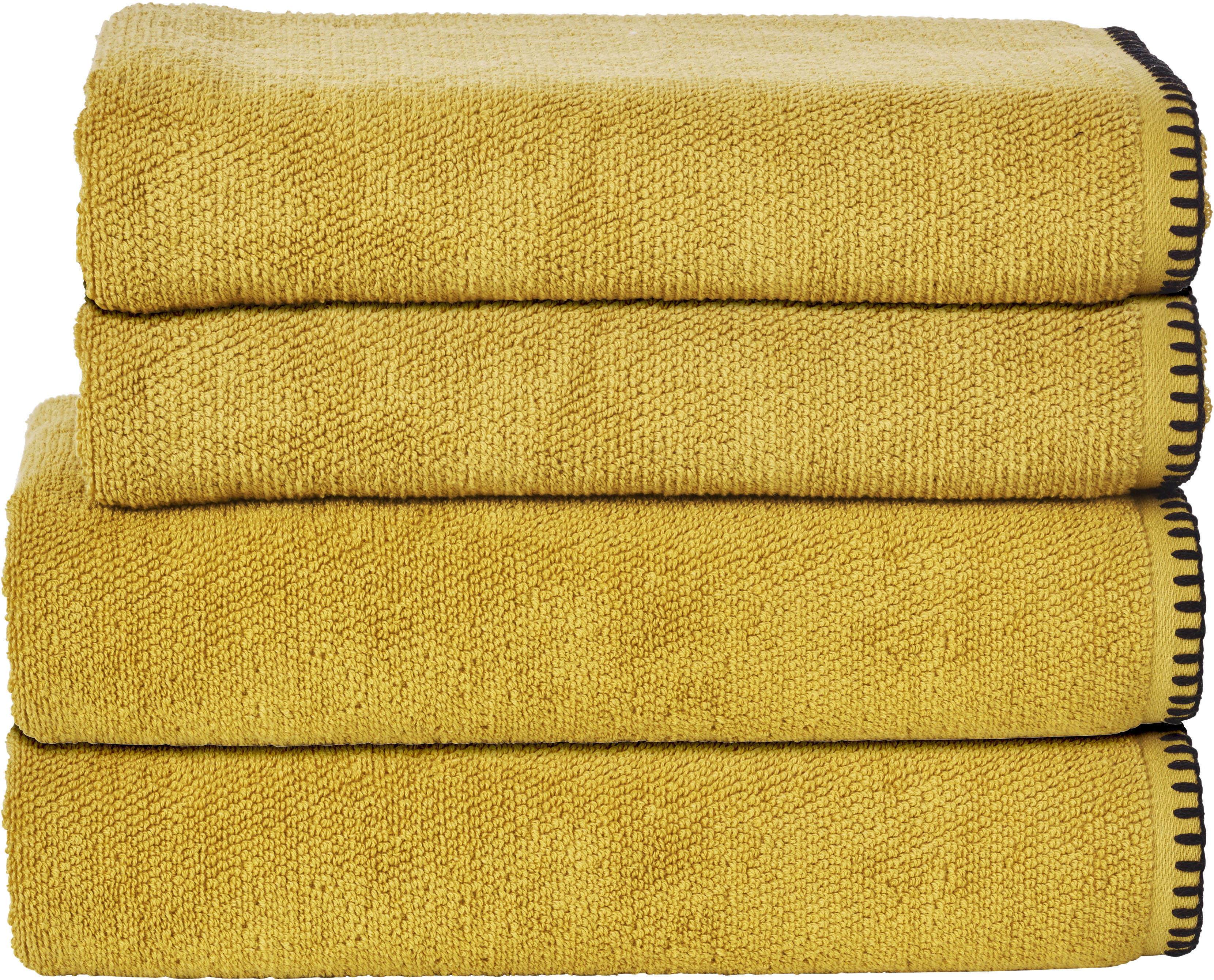 Handtuch Set DONE. "Deluxe Prime 2xHandtücher (50x100 cm), 2x Duschtücher (70x140 cm)", gold (goldfarben), 4 Stk., Zwirnfrottee, Zwirnfrottee, Obermaterial: 100% Baumwolle, Handtuch-Sets, mit einfassender Ziernaht in schwarz