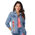 Masseys Floral Appliqué Jean Jacket (Size 10) Coral Floral Medium Wash Denim, Cotton,Polyester,Spandex