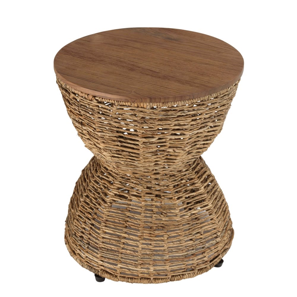 Tabouret beige assise en bois de teck recyclé