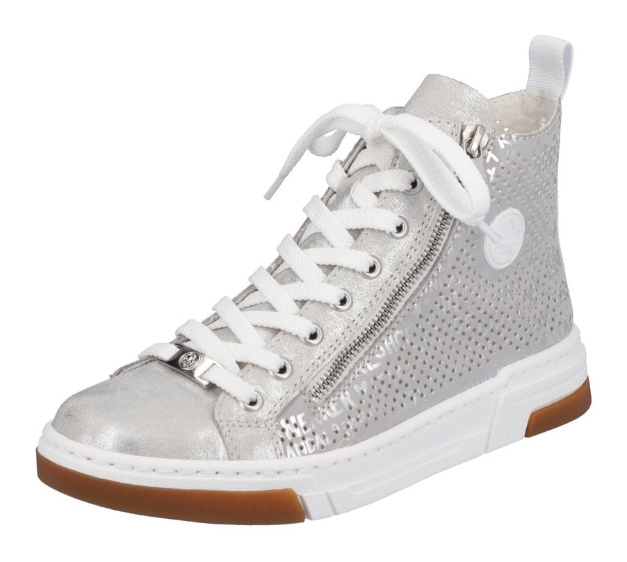 Sneaker RIEKER, Damen, Gr. 37, grau (grau, silberfarben), Lederimitat, bedruckt, Schuhe Sneaker, High Top-Sneaker, Freizeitschuh, Schnürschuh mit Plateausohle
