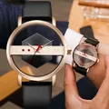 Montre-bracelet en cuir pour homme unique créative transparente unisexe à quartz Geek mn mode