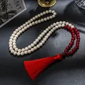 Collier en perles d'agate rouge fossile blanche chapelet amala pompon de prière de yoga bijoux de