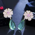 Trois boucles d'oreilles en cristal CZ pour femmes bijoux de luxe rose vert grande fleur