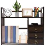 Miumaeov Small Desktop Bookshelf Organizer Bamboo Desk Supplies Organizers Office Storage Rack Shelf with 3 Drawers Tabletop Display Shelf Organizer Mini Bookcase