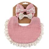 Musuos Baby Girls Bib Set Soft Lace Patchwork Button Closure Washable Burp Cloth with Bowknot Hair Rope