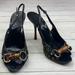 Gucci Shoes | Gucci Sz 9b Black Floral Canvas Horsebit And Bamboo Slingback Heels Pumps | Color: Black | Size: 9