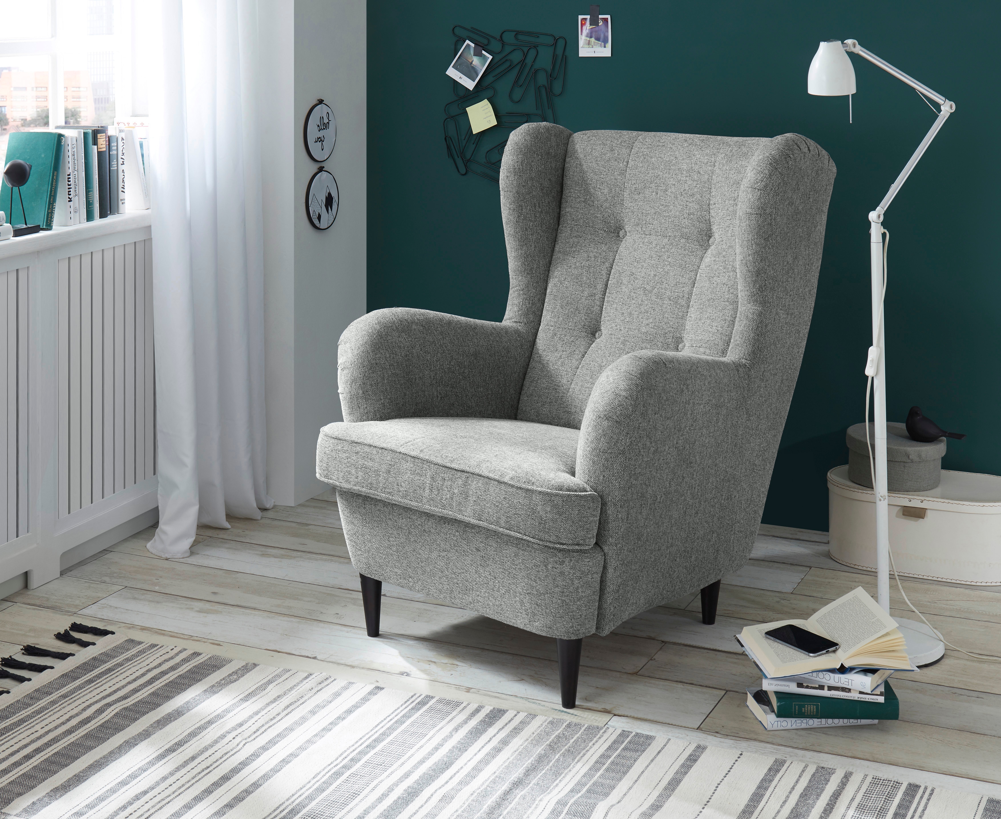 Ohrensessel ED EXCITING DESIGN "Oskar", grau, B:78cm H:102cm T:98cm, 100% Polyester, Sessel, Ohrensessel, mit Massivholzfüßen