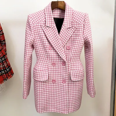 Manteau en laine tweed pied-de-poule rose pour femme pardessus de créateur nouvelle mode automne