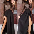 Robe longue à manches longues pour femme vêtement moulant et Sexy à carreaux à col roulé pour