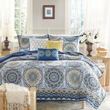 Blue Floral Queen Quilt Set - 6-Piece Coverlet Ensemble for Elegant Bedrooms