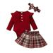 REORIAFEE Newborn Baby Girls Clothes Outfits Set Infant Girls Strip Cotton Open Button Top With Plaid Skirt Butterfly Knot Hairband Three Piece Set Red 6-9 Months