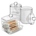 WeGuard 3 PACK Qtip Holder Dispenser and Apothecary Jars for Bathroom - 10OZ Clear Plastic Apothecary Jar Set for Bathroom Canister Storage Organization Vanity Makeup Organizer