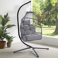 Outdoor Patio Wicker Folding Hanging Chair Rattan Swing Hammock Egg Chair With Cushion and Pillow Hanging swing Chair for Garden Deck Gray