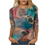 ZQGJB Casual Marble Printing T-Shirts for Women Clearance Summer Three Quarter Sleeve Crewneck Tees Lightweight Pullover Tunic Tops for Leggings Multicolor M