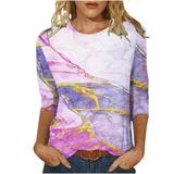 ZQGJB Casual Marble Printing T-Shirts for Women Clearance Summer Three Quarter Sleeve Crewneck Tees Lightweight Pullover Tunic Tops for Leggings Pink S