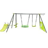 iRerts 6 in 1 Swing Set with Slide Metal Outdoor Swing Sets for Kids with 2 Swings Glider Basketball Hoop Soccer Goal Swingset Playset for Kids Boys Girls Kids Outdoor Swing for Backyard Green