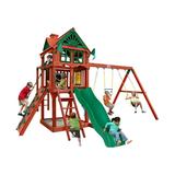 Gorilla Playsets Five Star II Wooden Swing Set with Monkey Bars Rock Climbing Wall and 2 Swings