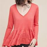 Anthropologie Tops | Anthropologie Deletta Red V-Neck Tiered Long-Sleeve Top | Color: Red | Size: S