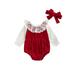 Arvbitana Baby Girls Princess Velvet Romper Long Sleeve Round Neck Lace Patchwork Bodysuit + Headdress Christmas Party Clothes 2Pcs 0-24M