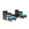 Costway 5 Pieces Patio Rattan Furniture Set with Ottoman and Tempered Glass Coffee Table-Turquoise