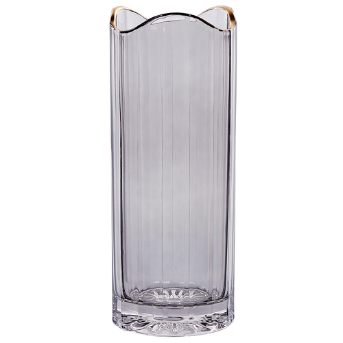 Blumenvase Grau Glas 30 cm Hohe Form mit Breiter Öffnung Struktur Goldrand Modern Tischdeko Wohnaccessoires Deko Glasvase für Wohnzimmer Flur
