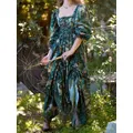 Robe Trapèze Maxi Longue à Imprimé Floral Vert Tenue de Princesse Palace avec Bandage Croisé