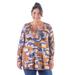 Orange Print Long Sleeve V Neck Plus Size Tunic Top