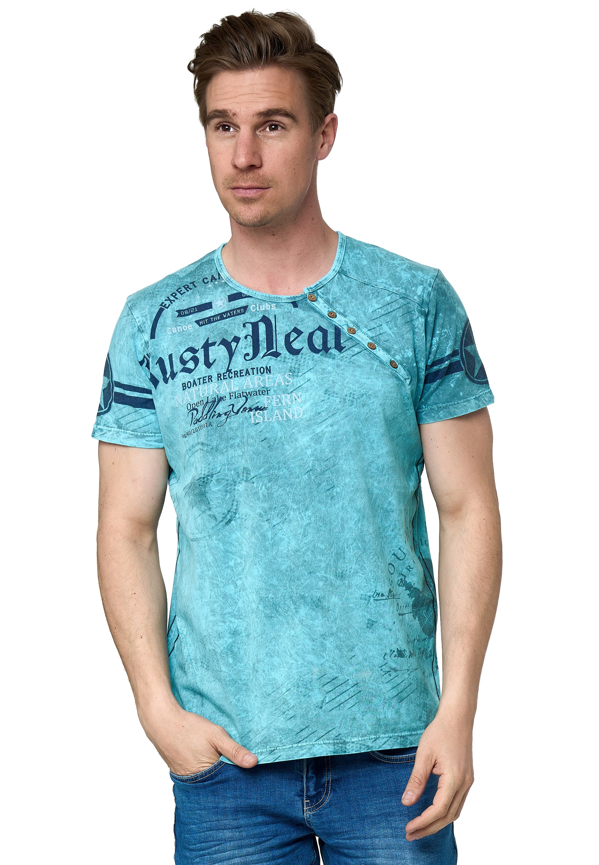 T-Shirt RUSTY NEAL, Herren, Gr. L, blau (petrol), 100% Baumwolle, bedruckt, normal, Rundhals, Shirts, mit coolem Logo-Print Image