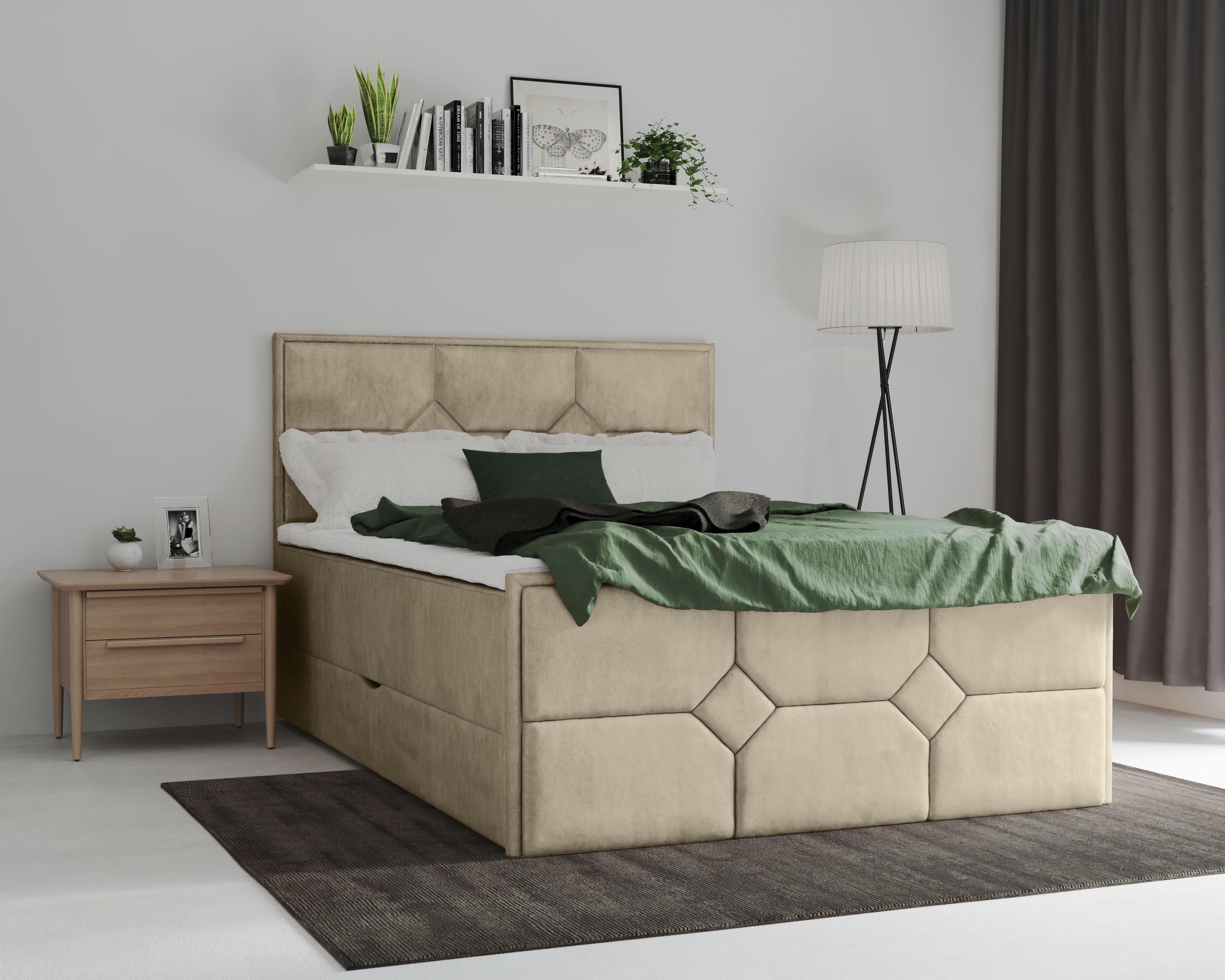 Boxspringbett LEONIQUE "Ambre", beige (cream), B:161cm L:210cm, Komplettbetten, Boxspringbett, mit Taschen-Federkernmatratze