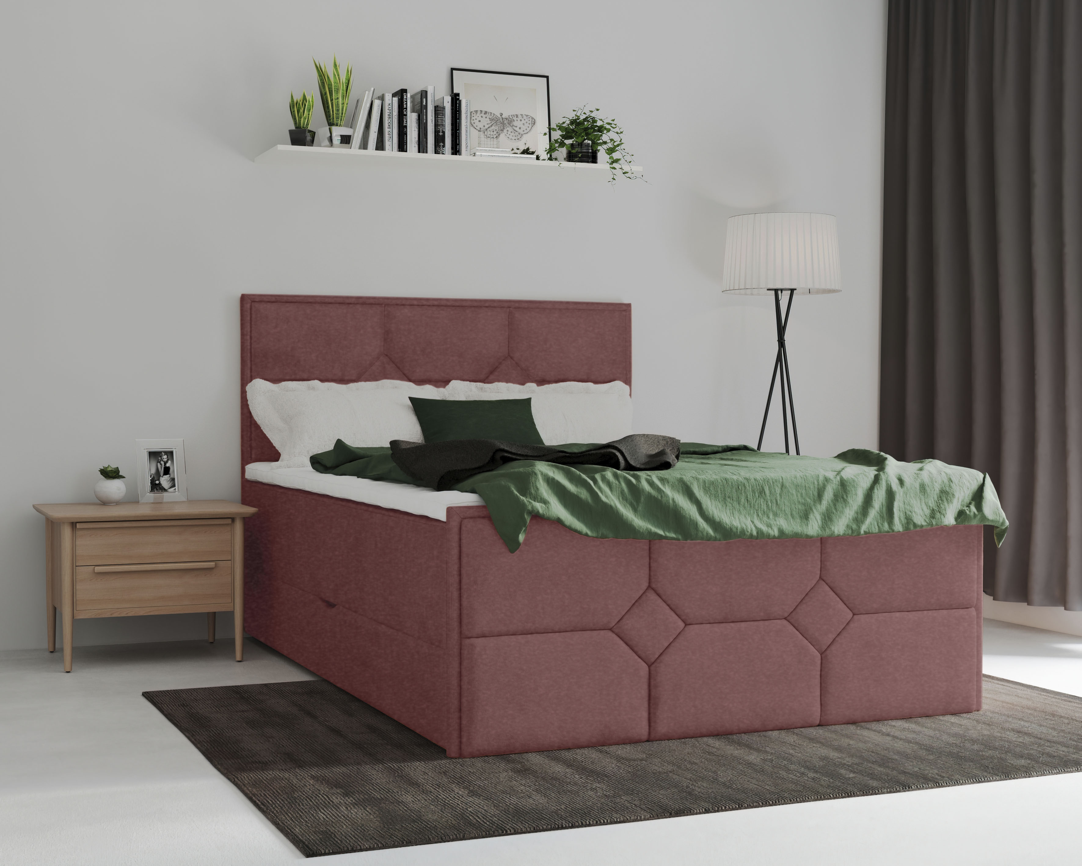 Boxspringbett LEONIQUE "Ambre", rot (burgunderrot), B:141cm L:210cm, Komplettbetten, Boxspringbett, mit Taschen-Federkernmatratze