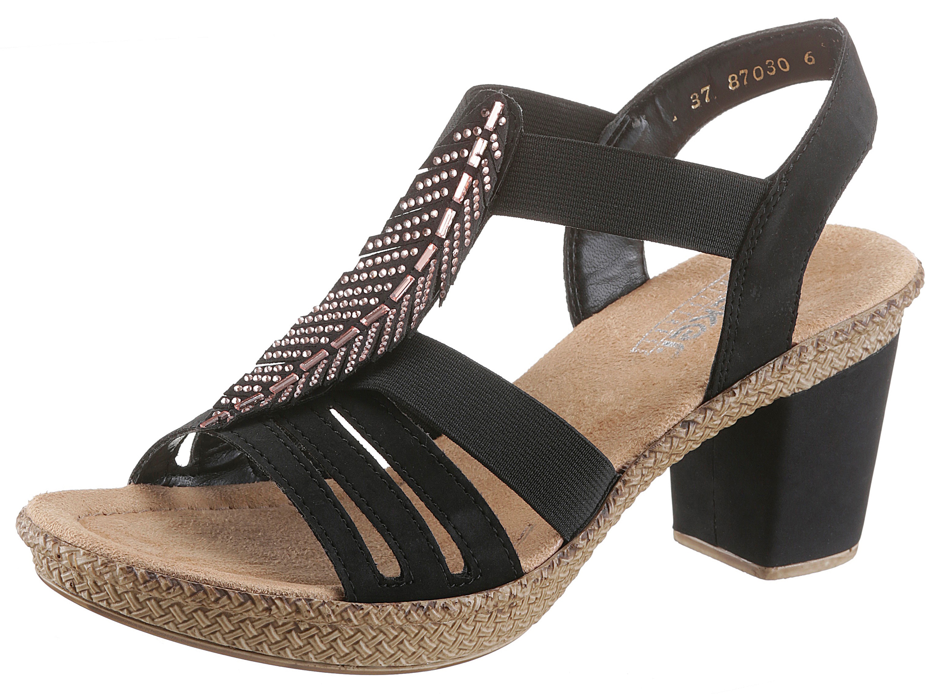 Sandalette RIEKER, Damen, Gr. 36, schwarz, Nubuklederimitat, unifarben, Schuhe Sandalette, Sommerschuh, Sandale, Plateauabsatz, mit Strass-Steinchen verziert