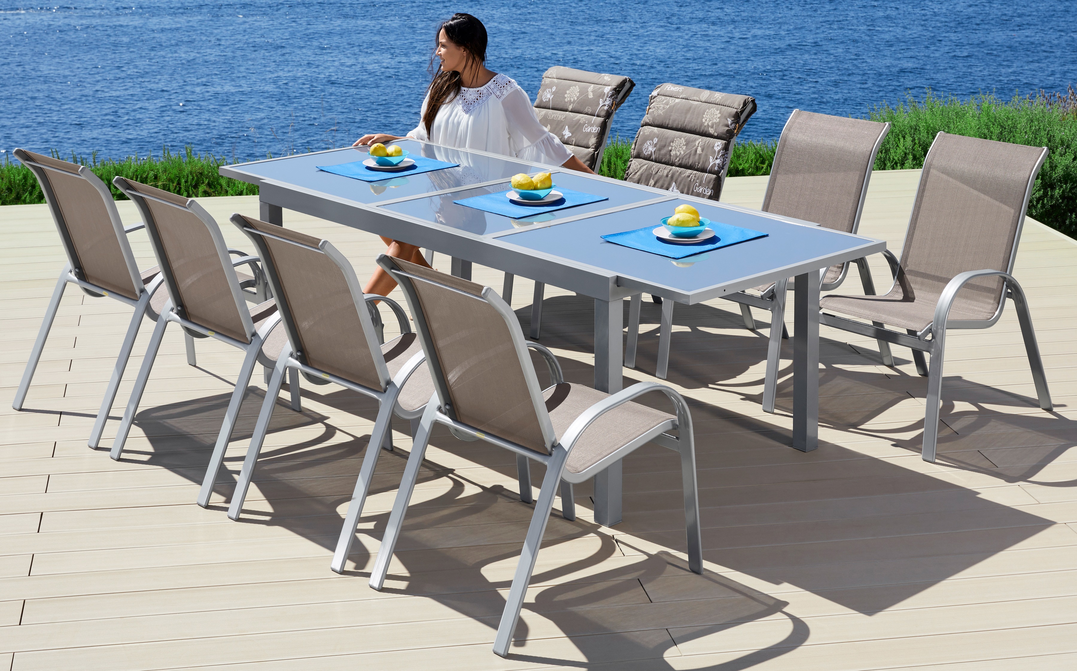 Garten-Essgruppe MERXX "Amalfi", grau (taupe,), Obermaterial: 100% Polyester, Sitzmöbel-Sets, pulverbeschichtetes Aluminium, aus 100% Polyester, für 8 Personen